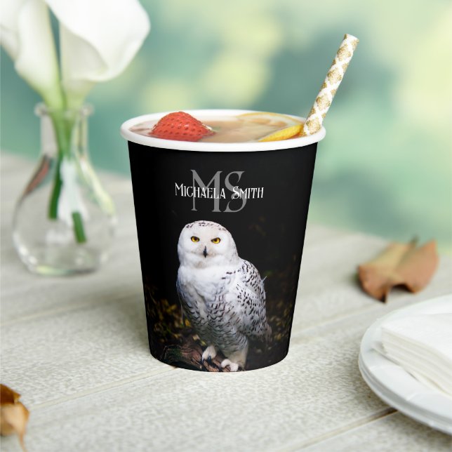 Majestic winter snowy owl monogram custom name paper cups (Insitu)