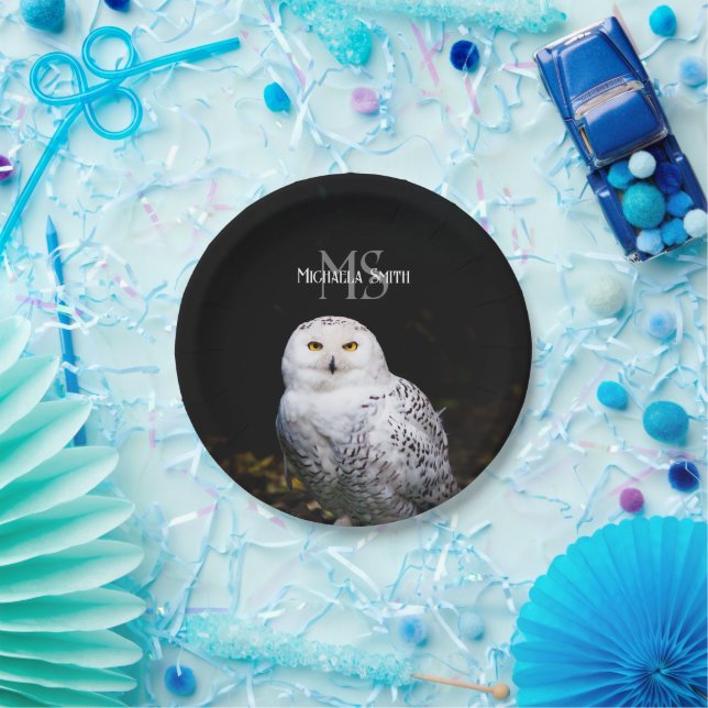 Majestic winter snowy owl monogram custom name paper plate (Party)