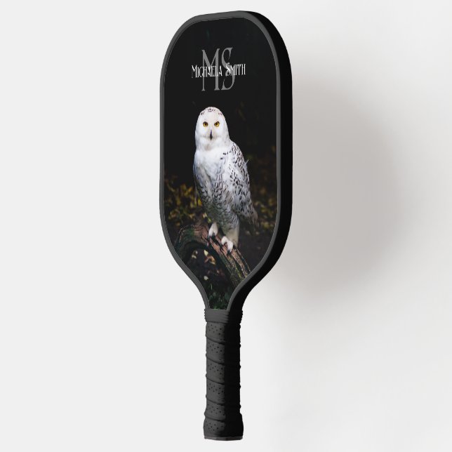 Majestic winter snowy owl monogram custom name pickleball paddle (Left)