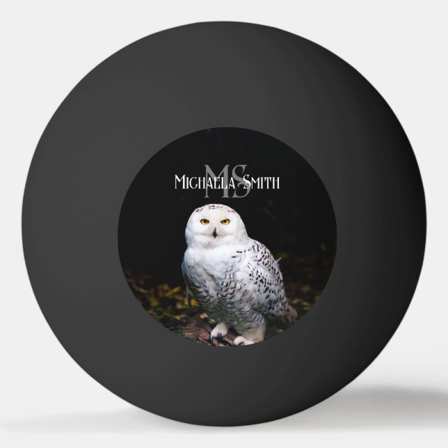 Majestic winter snowy owl monogram custom name ping pong ball (Front)