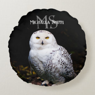 Majestic winter snowy owl monogram custom name round cushion