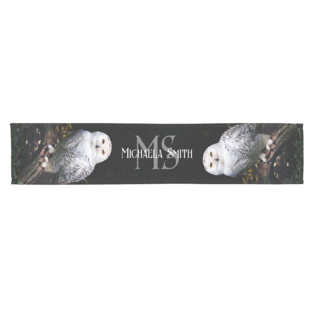 Majestic winter snowy owl monogram custom name short table runner (Horizontal)