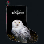 Majestic winter snowy owl monogram custom name small christmas stocking<br><div class="desc">Animal portrait photograph of majestic snowy owl standing on a branch with a personalizable custom name monogram above.</div>