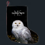 Majestic winter snowy owl monogram custom name small christmas stocking<br><div class="desc">Animal portrait photograph of majestic snowy owl standing on a branch with a personalizable custom name monogram above.</div>