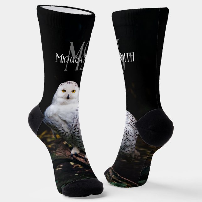 Majestic winter snowy owl monogram custom name socks (Angled)