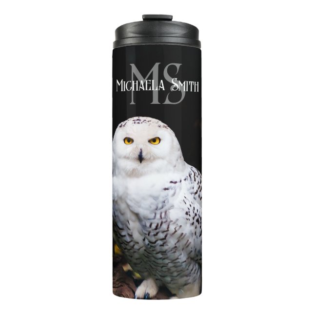 Majestic winter snowy owl monogram custom name thermal tumbler (Front)