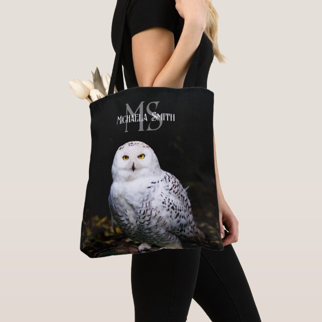 Majestic winter snowy owl monogram custom name tote bag (Close Up)