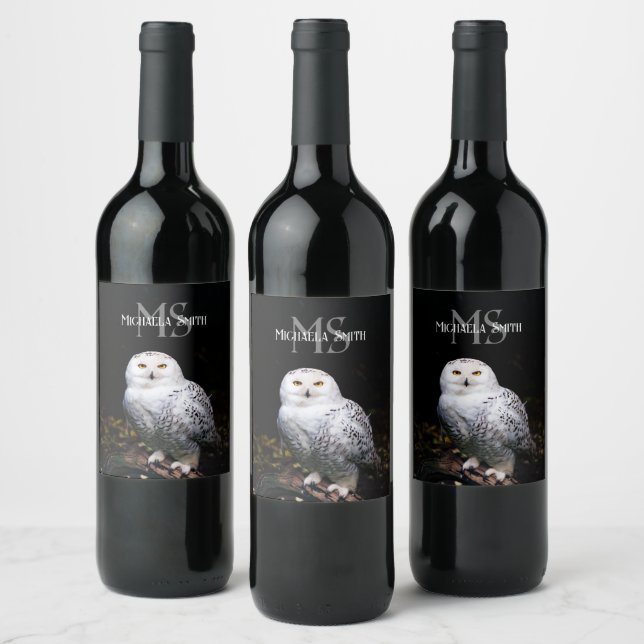 Majestic winter snowy owl monogram custom name wine label (Bottles)