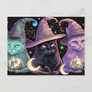Majestic Witchy Cats Illustration Postcard