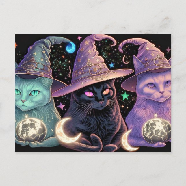 Majestic Witchy Cats Illustration Postcard (Front)