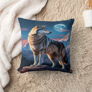 Majestic Wolf Against Moonlit Peaks.  Cushion
