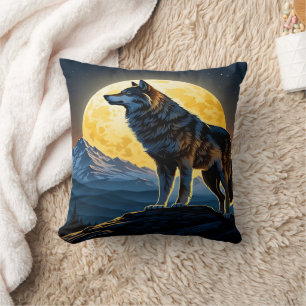 Majestic Wolf Against Moonlit Peaks.  Cushion