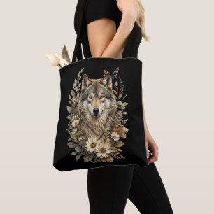 Majestic Wolf Floral Nature T-Shirt Tote Bag