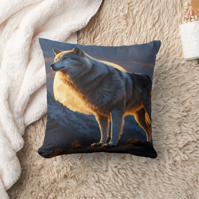 Majestic Wolf Guarding Mountain Under Full Moon Cushion (Blanket)