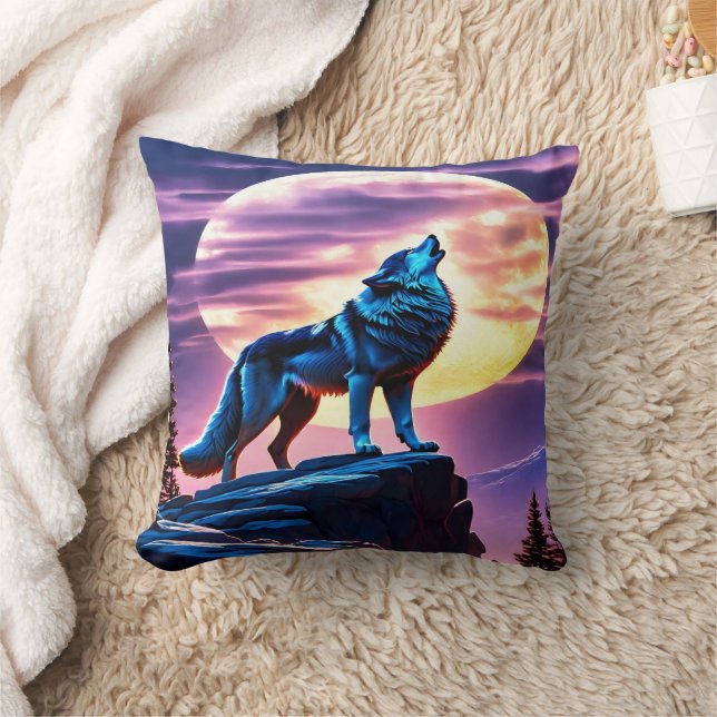 Majestic Wolf Howling at Moonlight.  Cushion (Blanket)