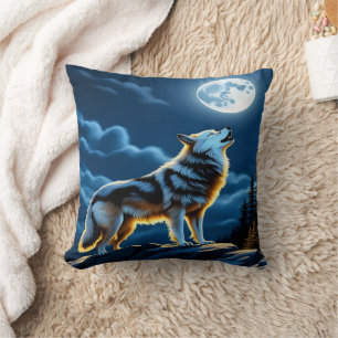 Majestic Wolf Howling at Moonlight.  Cushion