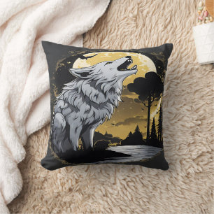 Majestic Wolf Howling at Moonlight. Cushion