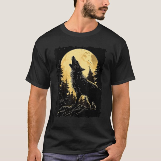 Majestic Wolf Howling Full Moon Light Night Sky Wo T-Shirt (Front)
