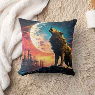 Majestic Wolf Howling Under a Cosmic Moonrise Cushion