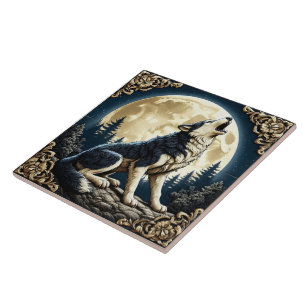 Majestic Wolf Howling Under a Full Moon at Night Tile
