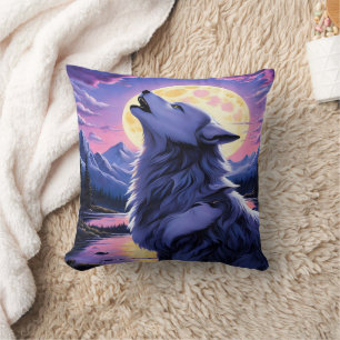 Majestic Wolf Howling Under a Full Moon Cushion