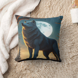 Majestic Wolf Howling Under a Full Moon Cushion