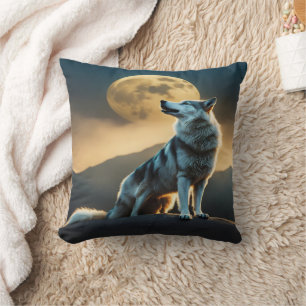 Majestic Wolf Howling Under Full Moon at Dusk Cushion