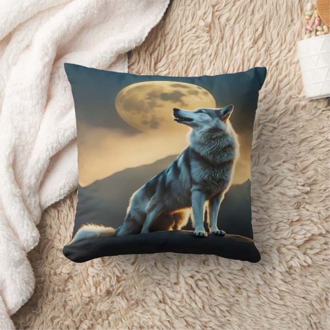 Majestic Wolf Howling Under Full Moon at Dusk Cushion (Blanket)