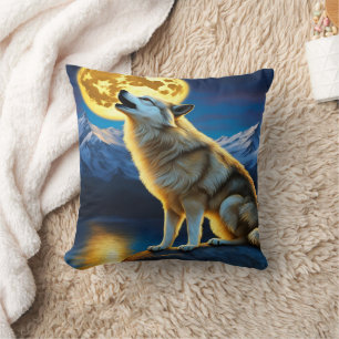Majestic Wolf Howling Under Full Moonlight Cushion