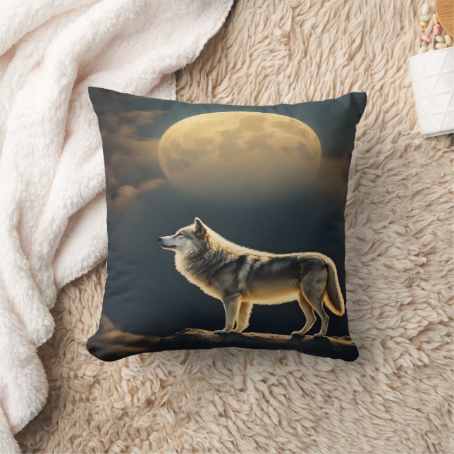Majestic Wolf Howling Under Full Moonlit Sky Cushion (Blanket)