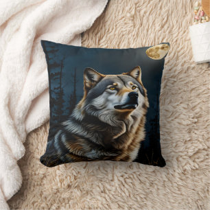 Majestic Wolf Howling Under Moonlit Sky Cushion