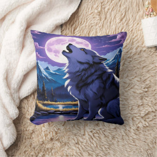Majestic Wolf Howling Under the Full Moon Cushion