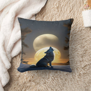 Majestic Wolf Howling Under Twin Moons at Dusk Cushion