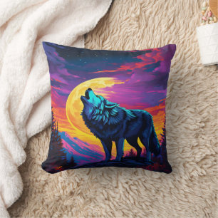 Majestic Wolf Howling Under Vibrant Moonlight Cushion