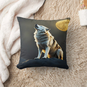 Majestic Wolf Howls Beneath Full Moon Cushion