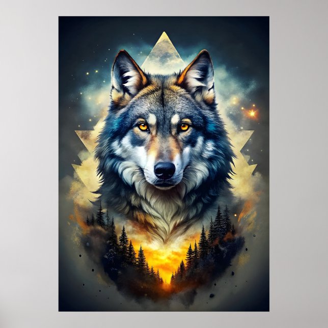 Majestic Wolf in Cosmic Forest Poster (Front)