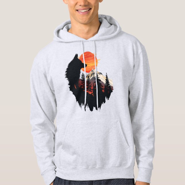 Majestic Wolf Mountain Sunset Graphic T-Shirt Hoodie (Front)