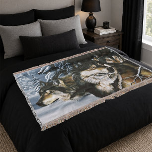 Majestic Wolf Pack Winter Snow Forest Wildlife Throw Blanket