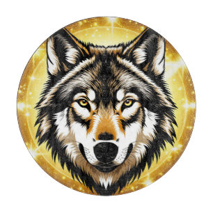 Majestic Wolf Portrait with Golden Background Cutting Board