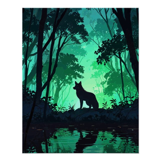 Majestic Wolf Silhouette in Mystical Green Forest  Poster (Front)