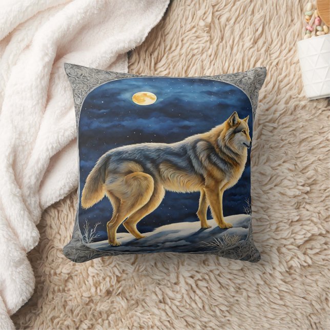Majestic Wolf Standing Under a Full Moon Cushion (Blanket)