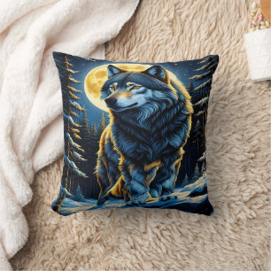 Majestic Wolf Under Full Moon.  Cushion