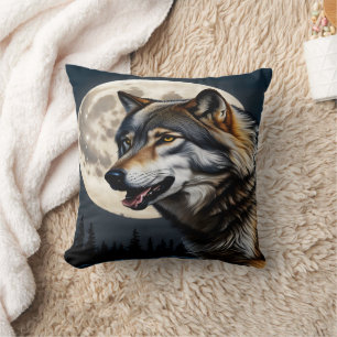 Majestic Wolf Under Full Moon.  Cushion