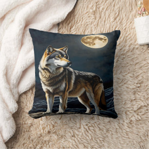 Majestic Wolf Under Full Moonlit Sky Cushion
