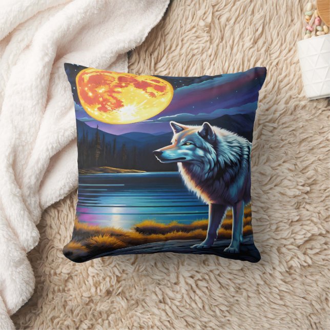 Majestic Wolf Under Glowing Full Moon at Lake Cushion (Blanket)
