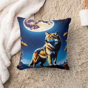 Majestic Wolf Under Glowing Full Moon Cushion