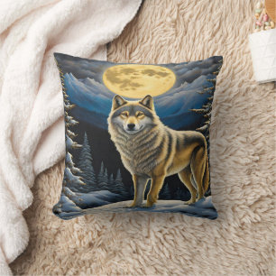 Majestic Wolf Under Moonlit Mountains Cushion