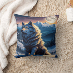 Majestic Wolf Under Moonlit Peaks. Cushion