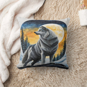 Majestic Wolf Under Moonlit Sky. Cushion