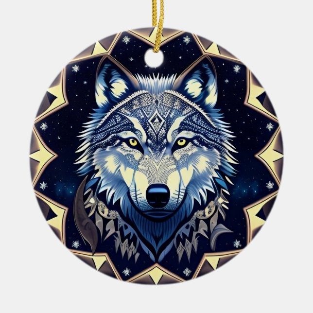 Majestic Wolf Under Starry Sky Ceramic Tree Decoration (Front)